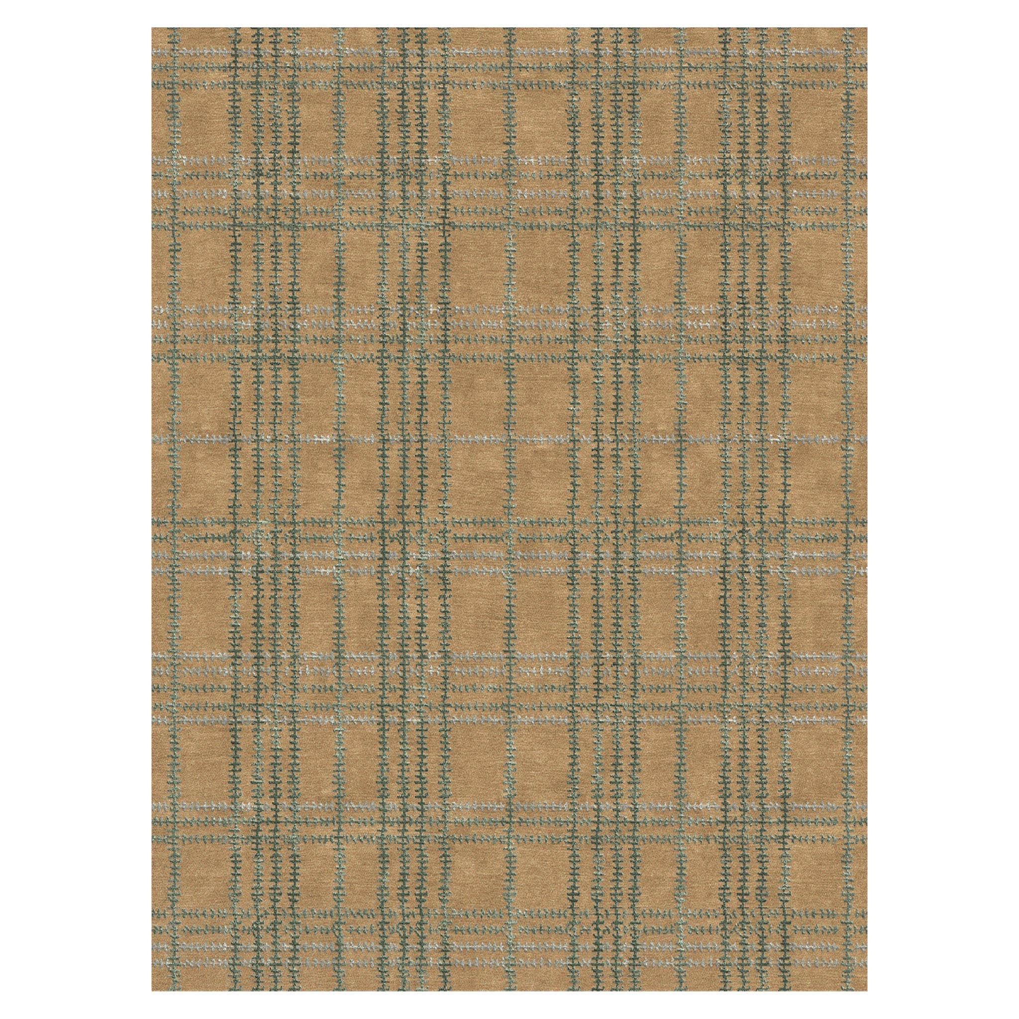 Whipstitch Stickley wool rug with a tan background and green and blue plaid bamboo silk patterns.