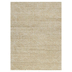 Stickley wool rug with copper bamboo silk lines in a geometric prairie style pattern on oatmeal background.