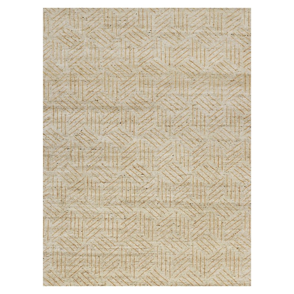 Stickley wool rug with copper bamboo silk lines in a geometric prairie style pattern on oatmeal background.