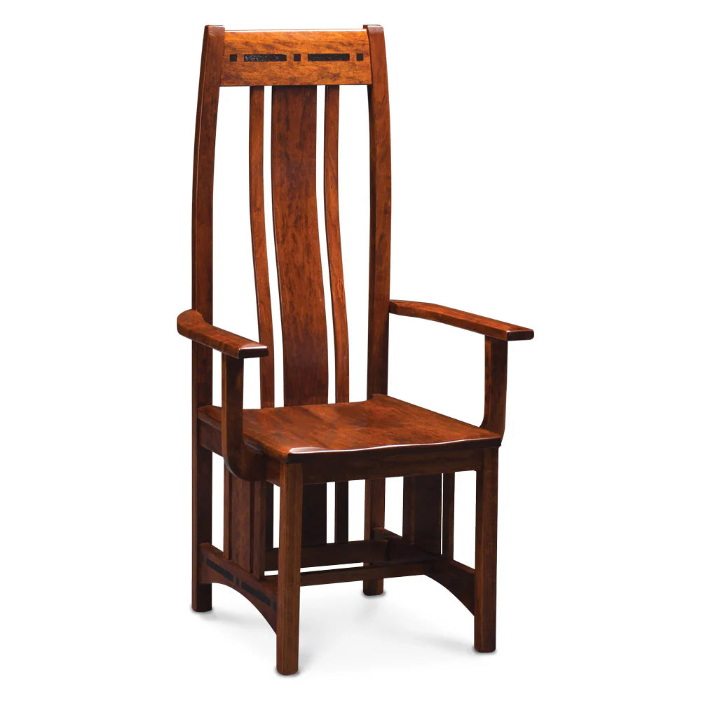Aspen wooden arm chair with high back, ebonized inlay, and warm brown finish.