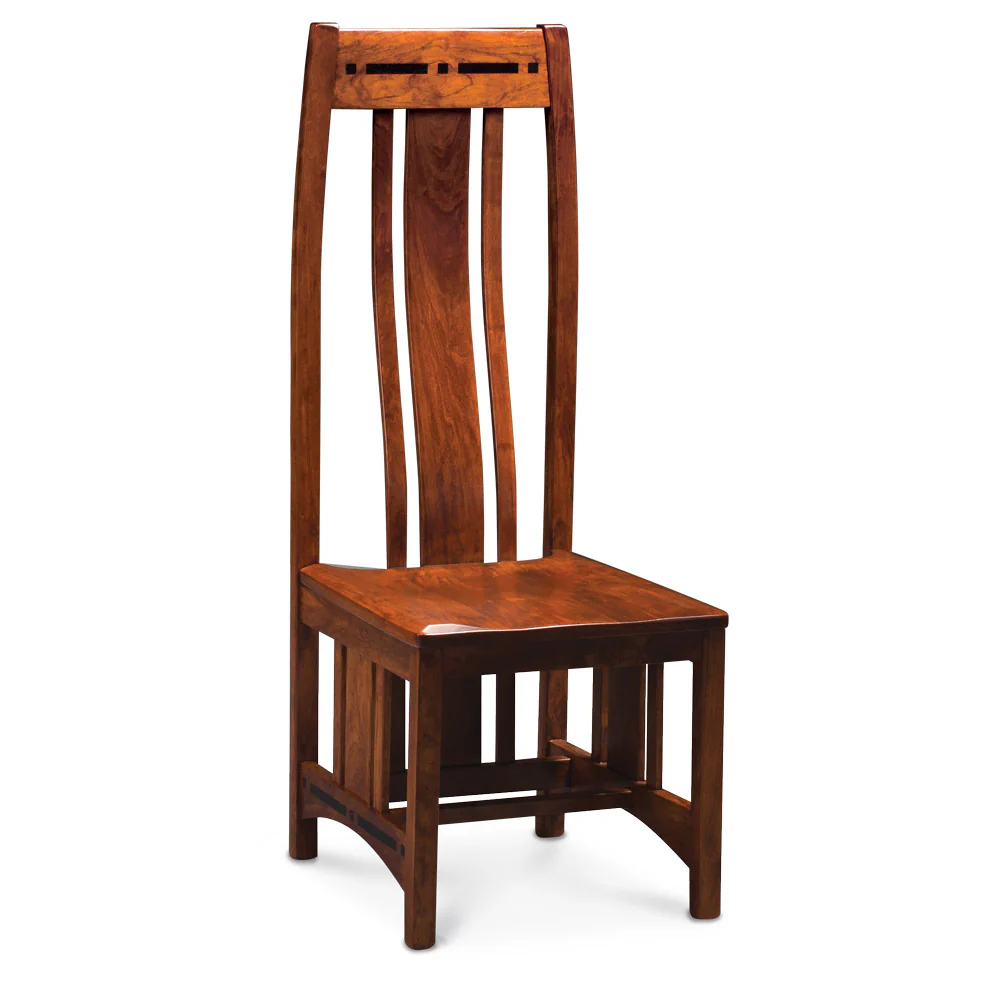 Aspen high-back dining chair in warm brown solid wood with decorative inlay detailing.