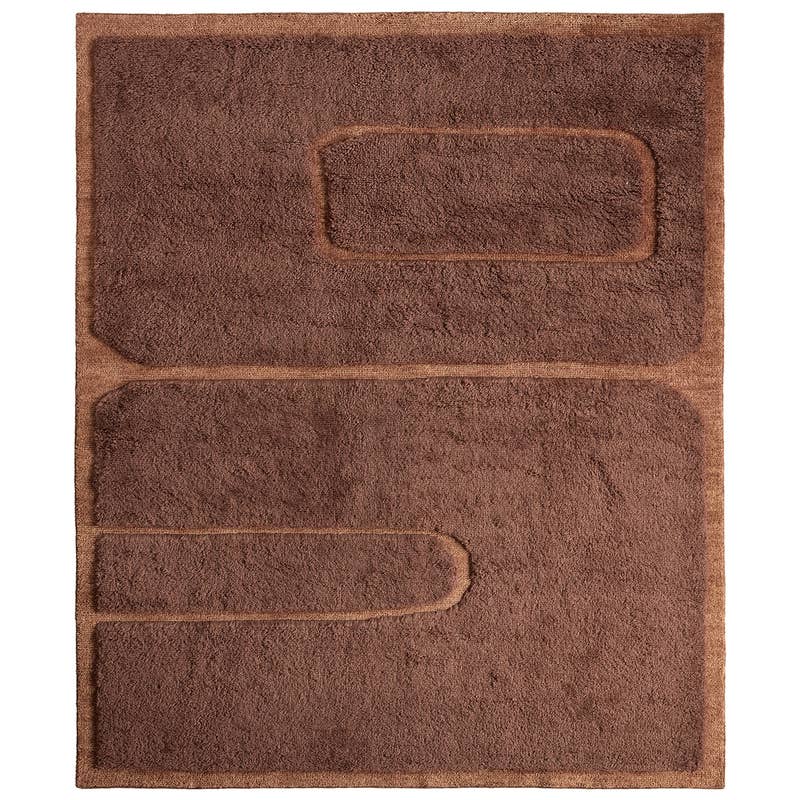 Solum hand-woven wool rug in brown with a midcentury modern geometric high-pile design.