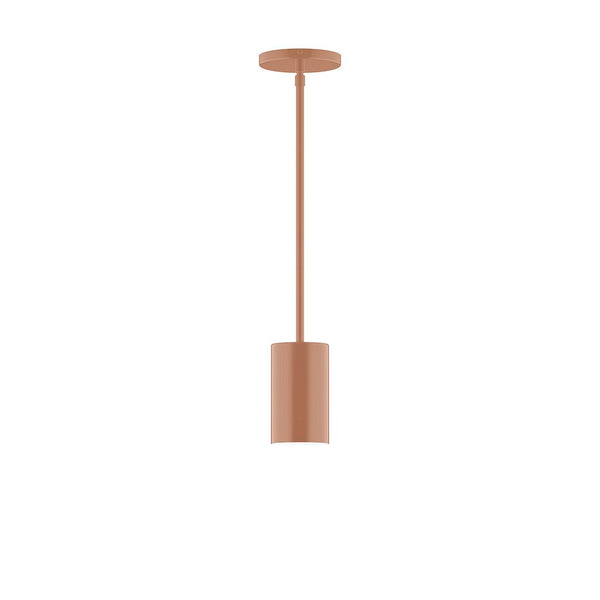Axis mini cylinder pendant light in a matte terracotta finish with matching stem and canopy.