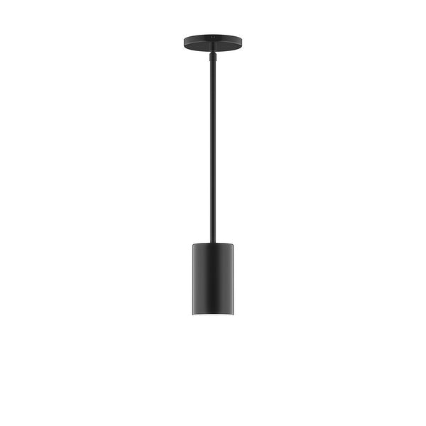 Axis matte black mini cylinder pendant light with integrated LED and matching stem.