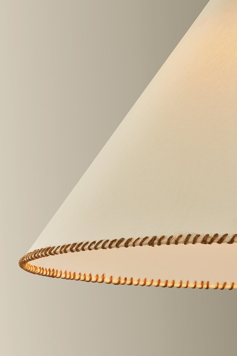 Stoney Pendant white linen conical shade with brown whip-stitched edge detailing.