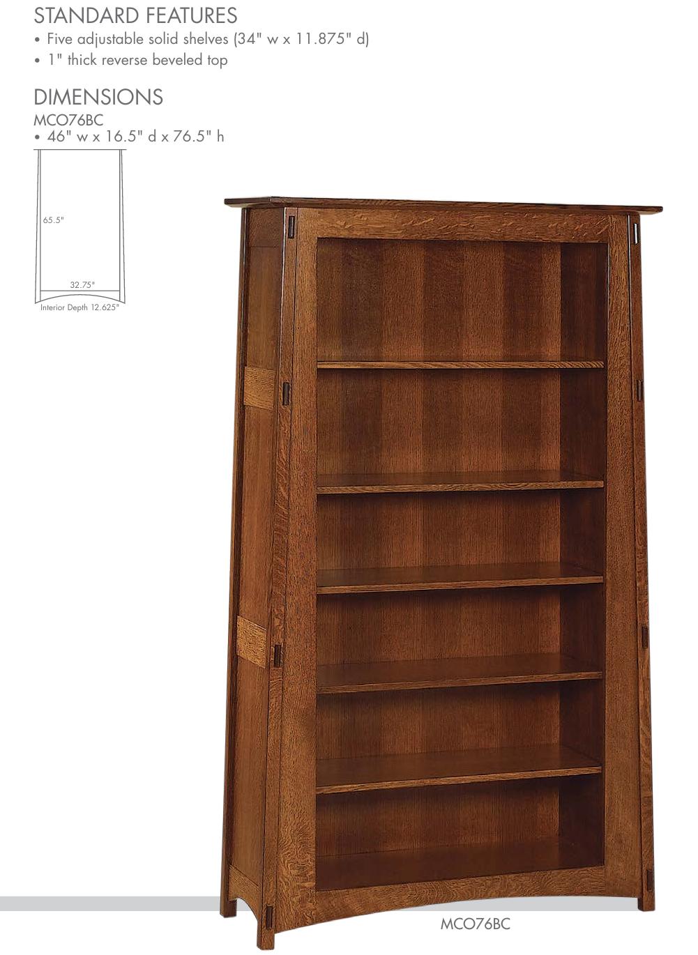 McCoy open craftsman oak bookcase with five adjustable shelves and through-tenon details.