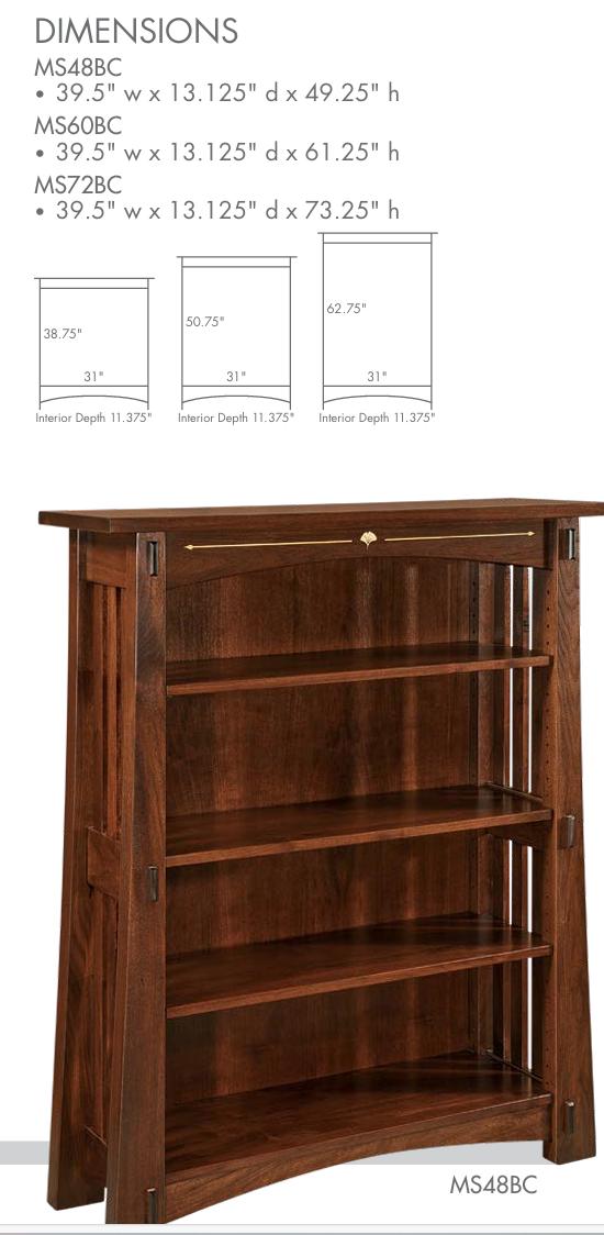 Mesa Ginkgo Inlay Bookcase in dark brown solid wood with yellowheart inlay and dimensions chart.