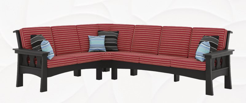 Craftsman curved outdoor sectional with black poly frame and red striped cushions
