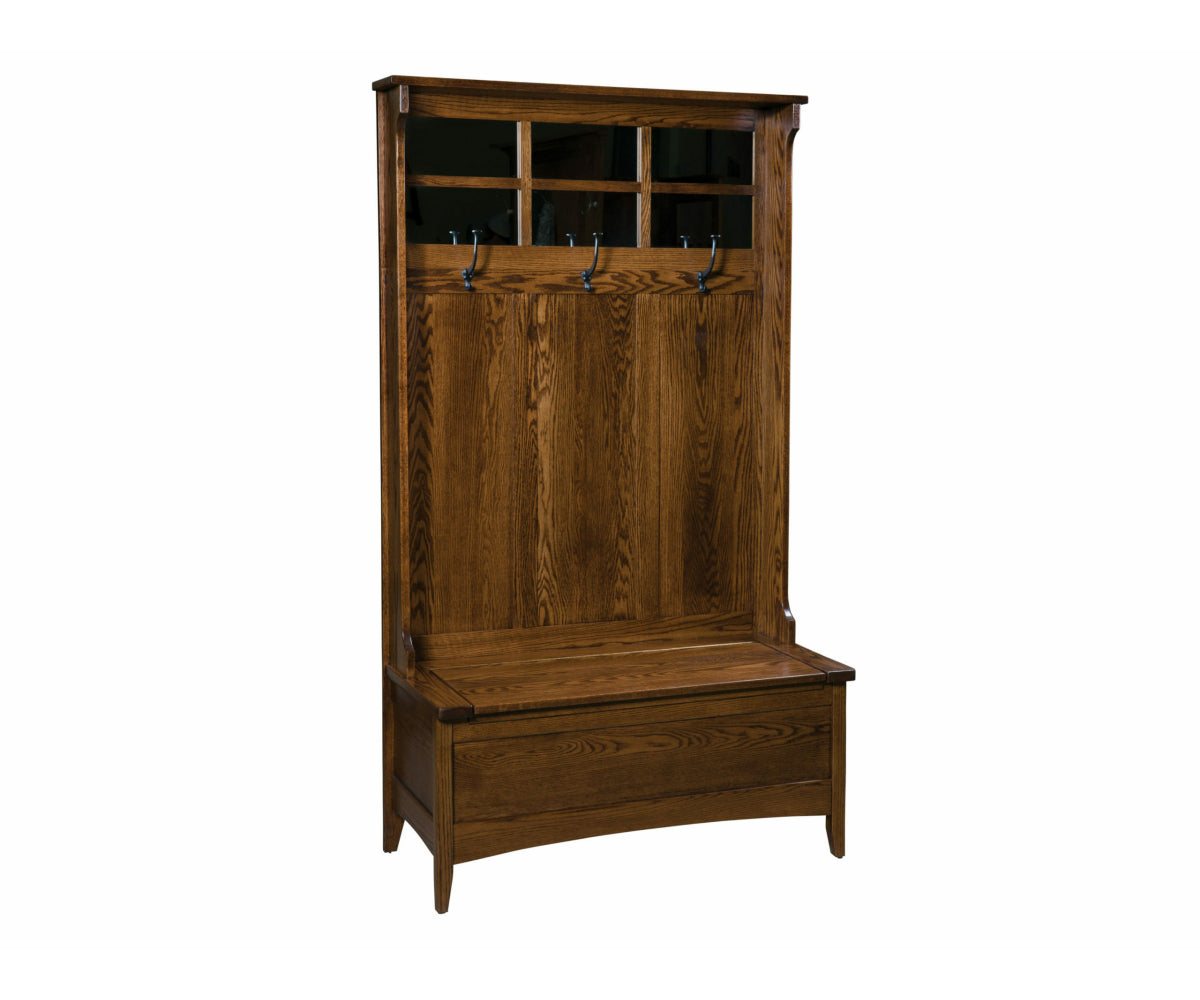 Shaker Hall Seat in dark brown solid hardwood with storage bench and coat hooks