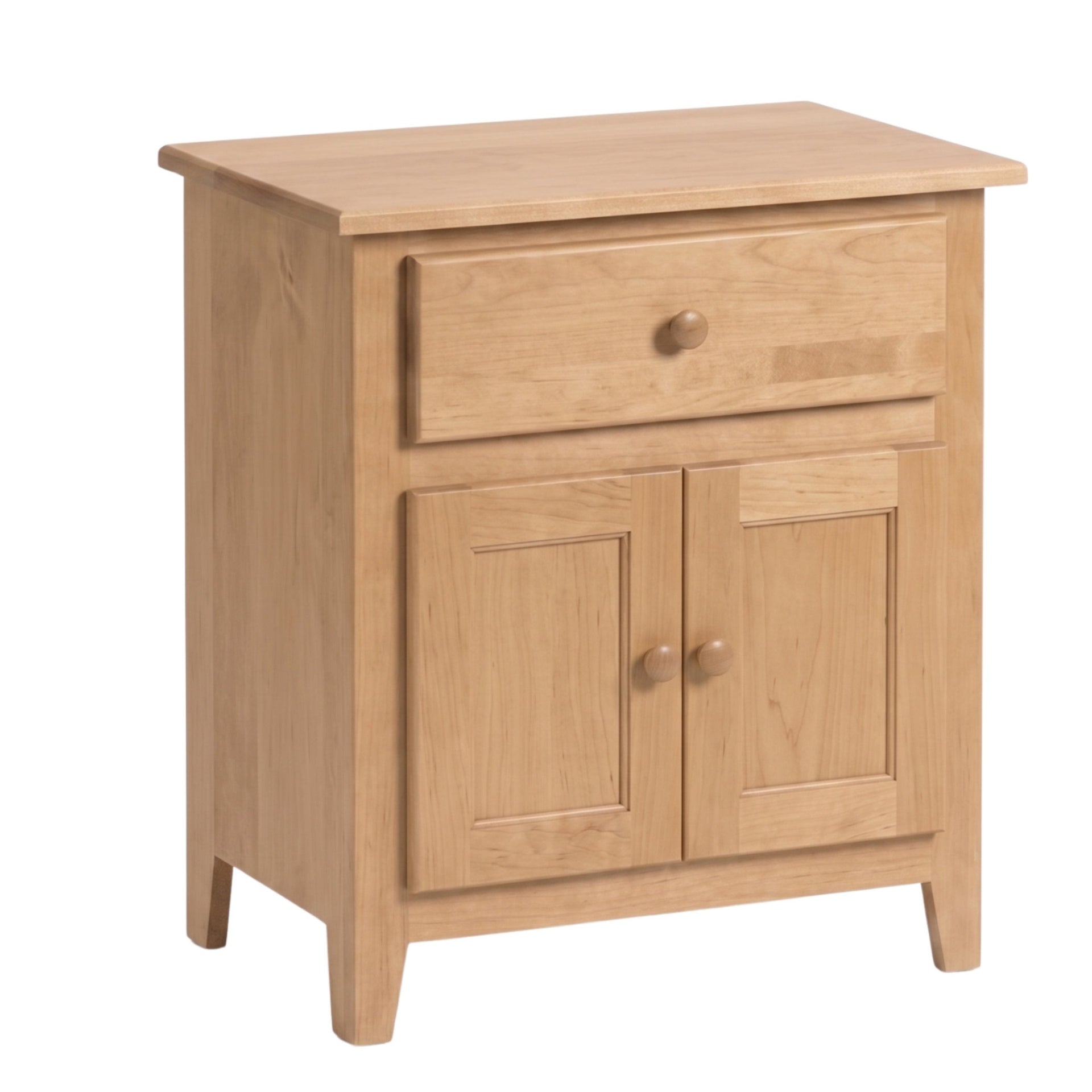 Light wood Shaker nightstand with one drawer and two cabinet doors.