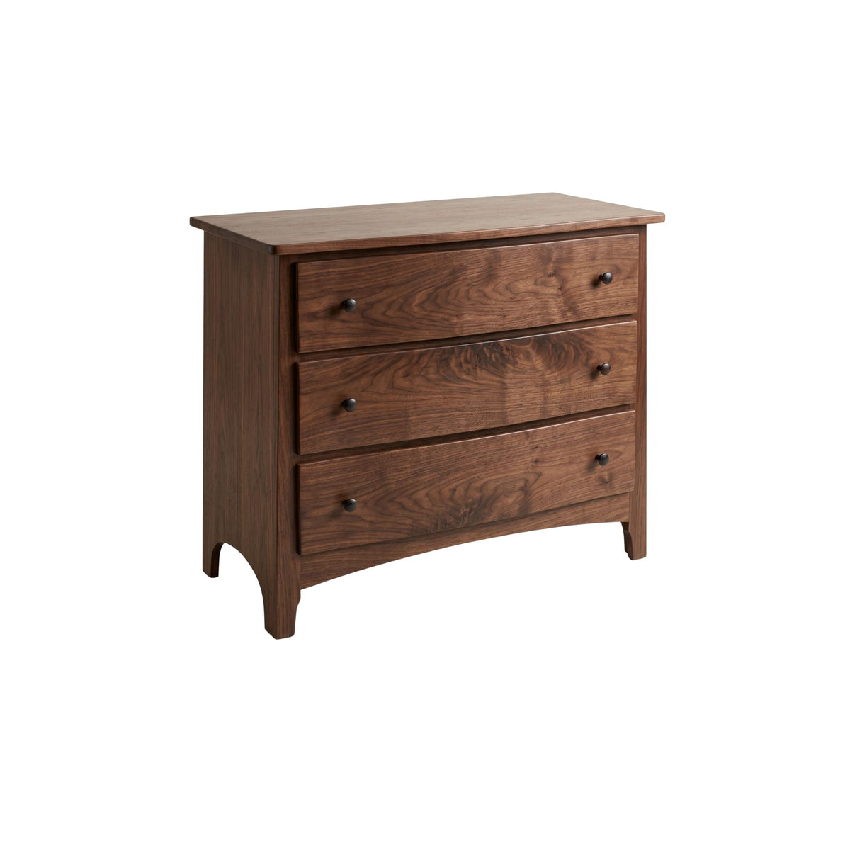 Shaker 3-drawer dresser in dark solid hardwood with natural wood grain and round knobs