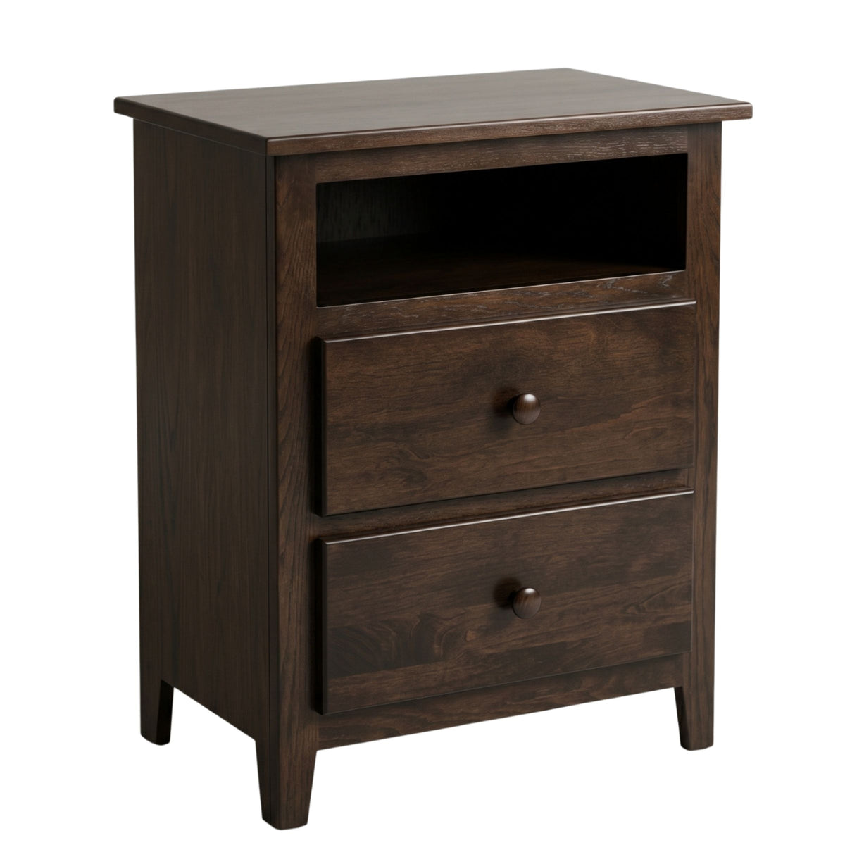 Dark brown Shaker nightstand with two drawers and an open top shelf.