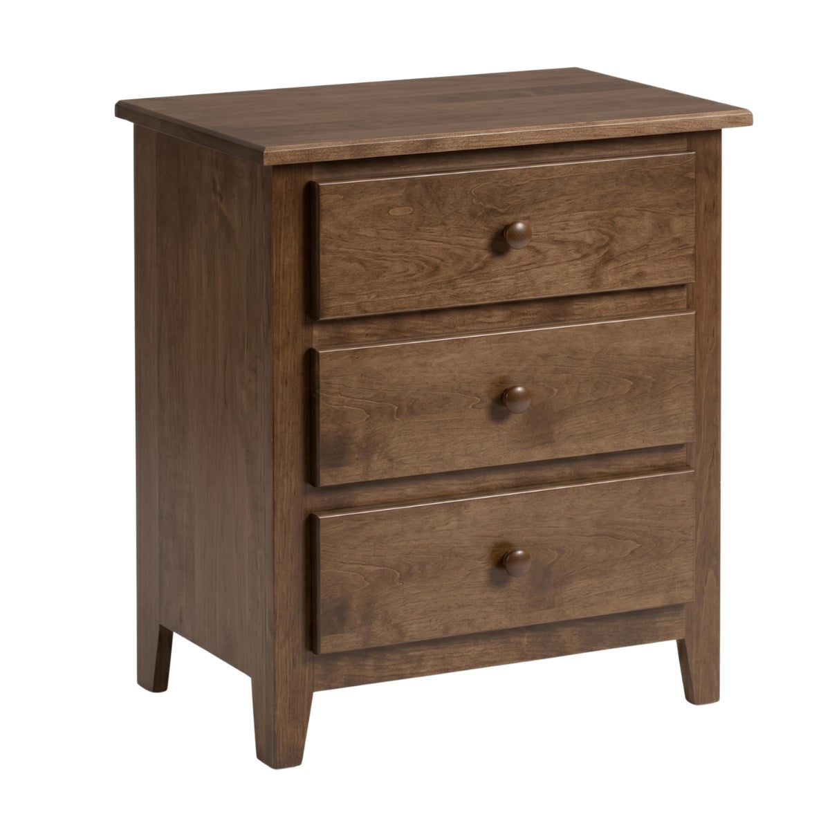 Dark brown Shaker nightstand with three drawers and wooden knobs on a white background