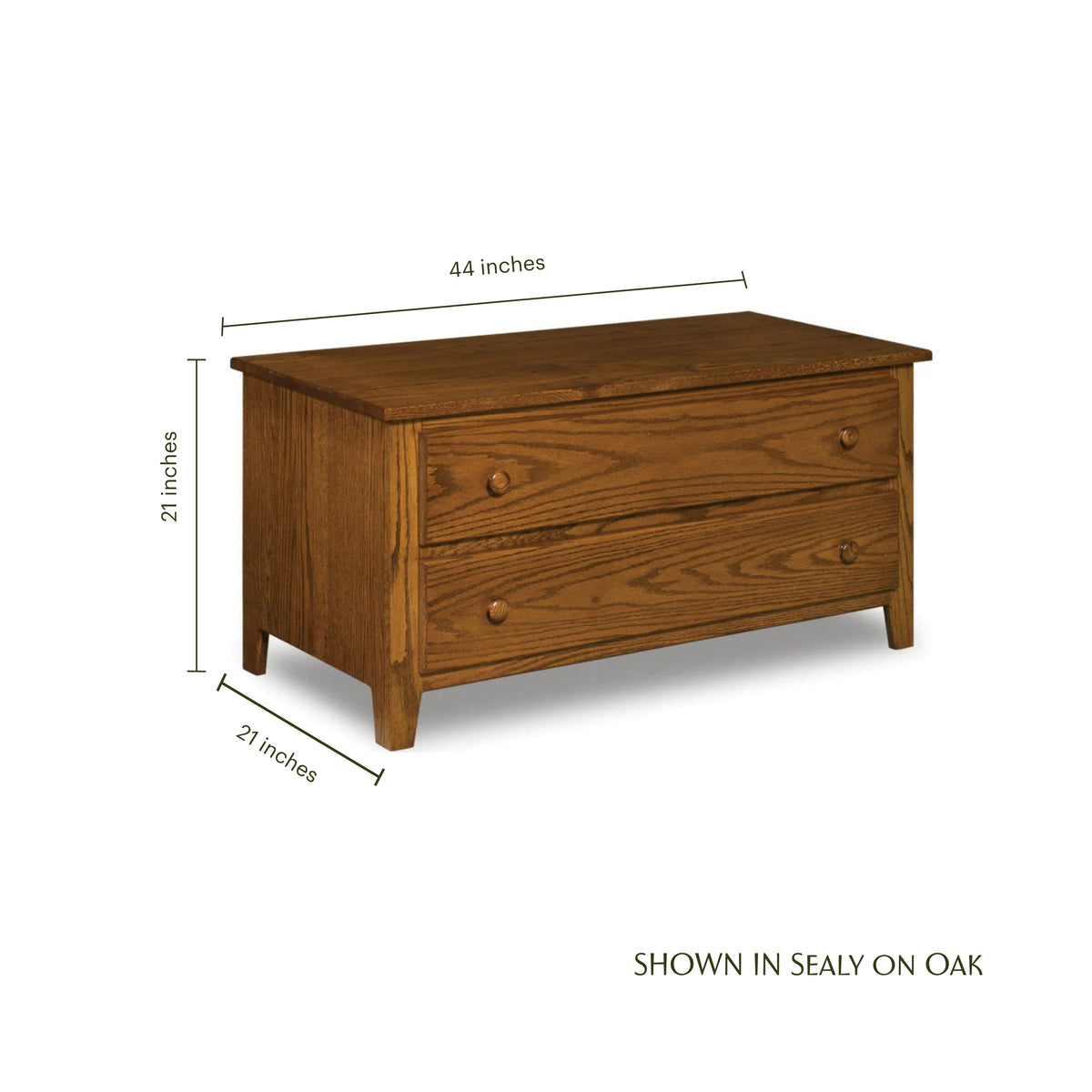 Shaker blanket chest in Sealy on Oak wood finish with dimensions 44"W x 21"D x 21"H