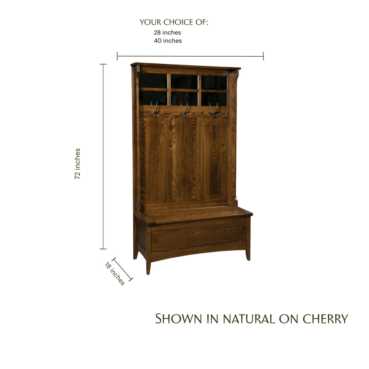 Shaker hall seat in natural cherry wood with coat hooks and storage bench.
