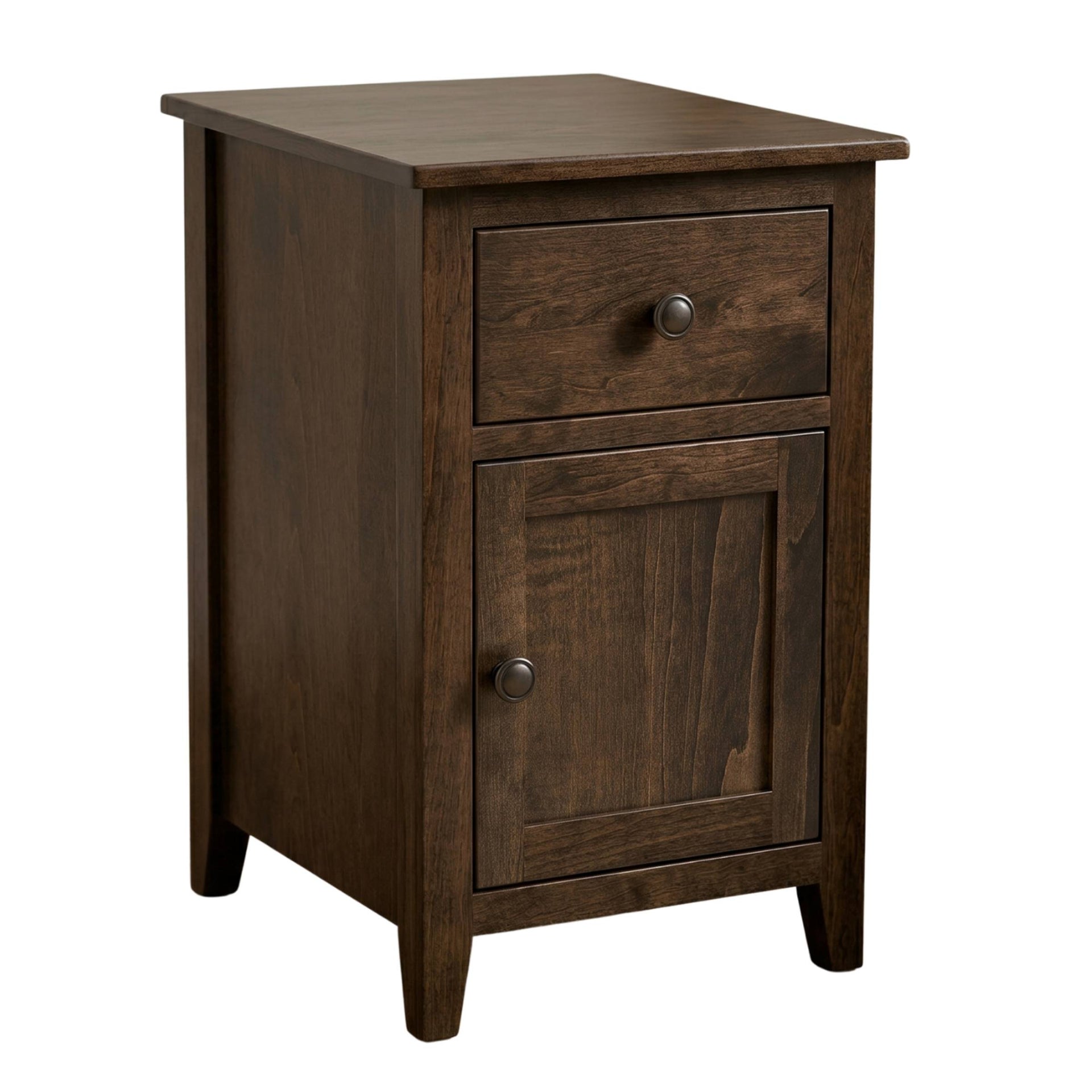 Shaker narrow nightstand in dark brown hardwood with one drawer and a cabinet door