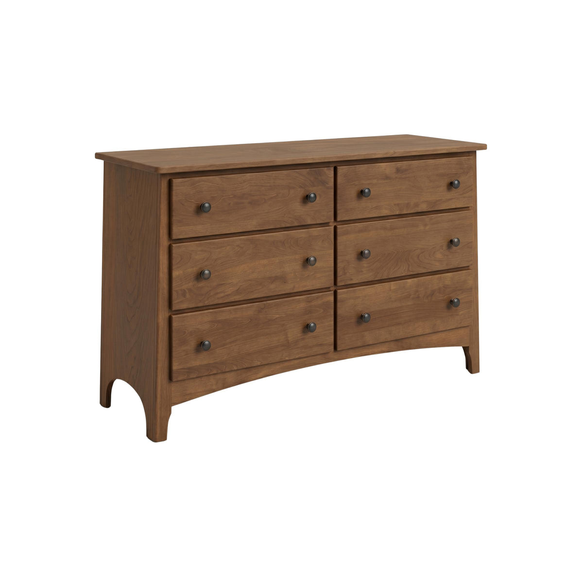 Shaker-style 6-drawer nursery dresser in a warm brown natural wood finish with dark round knobs.
