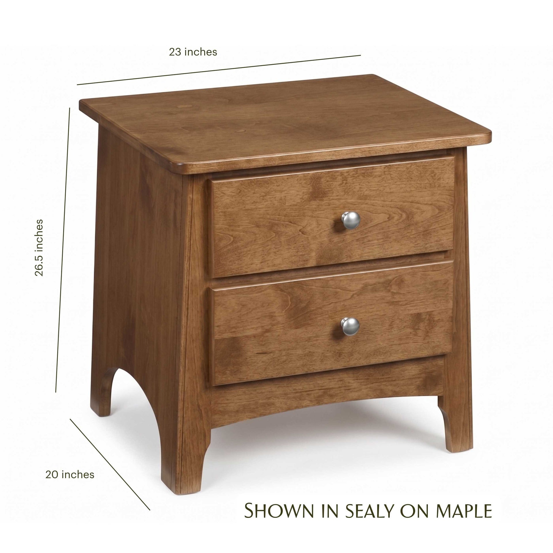 Shaker nursery nightstand in Sealy on maple wood with dimensions shown
