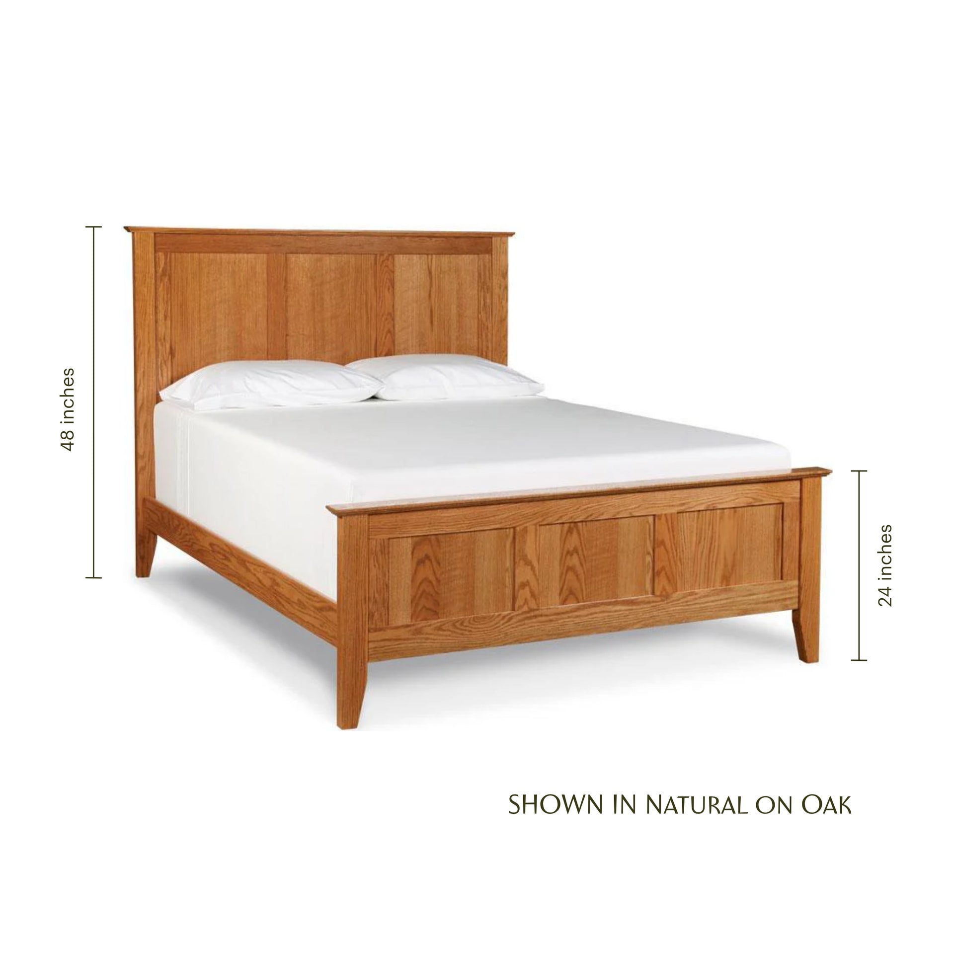 Shaker panel bed in natural oak wood with white bedding and dimensions shown