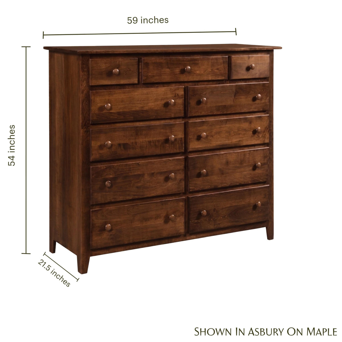 Shaker 11-drawer mule chest in dark brown maple wood with dimensions.