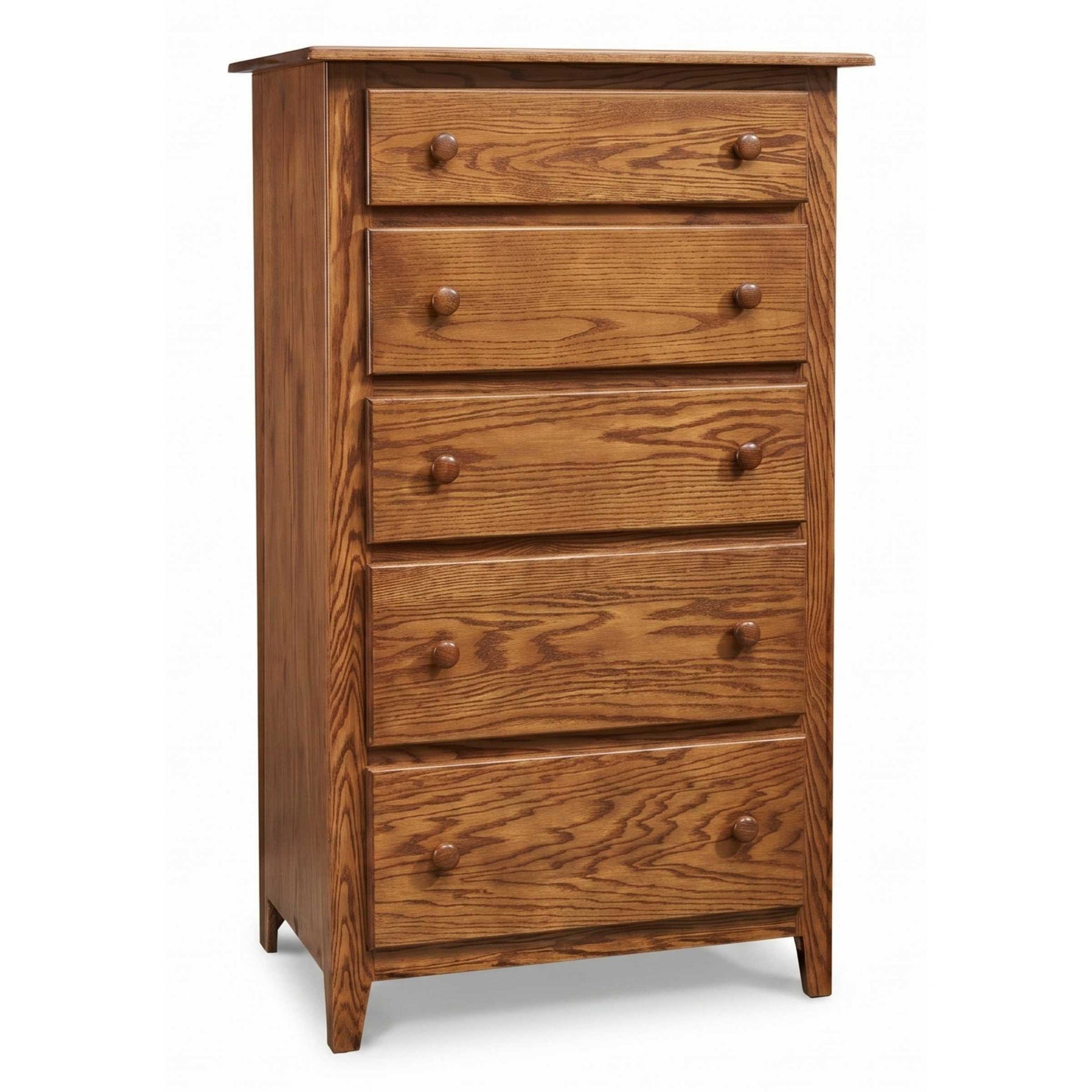 Shaker 5-drawer chest in warm brown solid oak wood with matching wooden knobs.