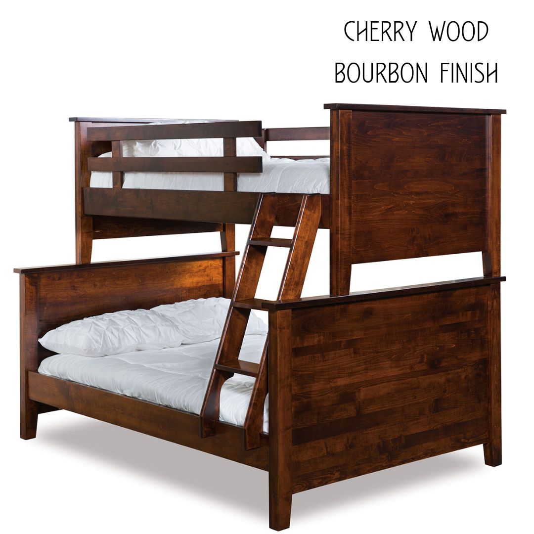 Shaker twin-over-full bunk bed in cherry wood with a rich bourbon finish and built-in ladder.