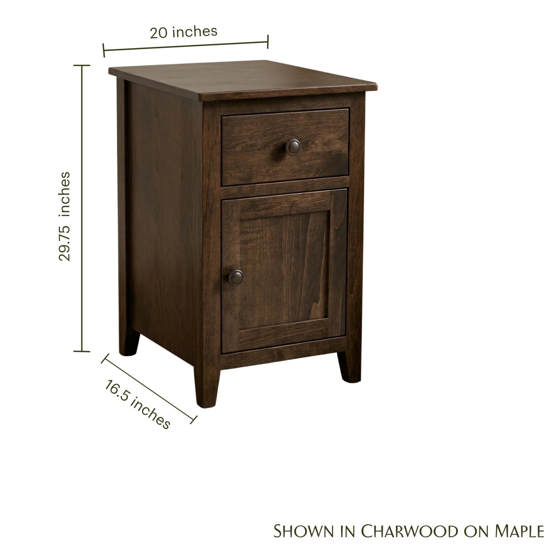 Shaker narrow nightstand in charwood on maple with dimensions shown