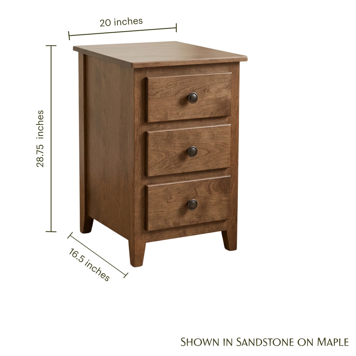 Shaker narrow nightstand in sandstone on maple with three drawers and dimensions.