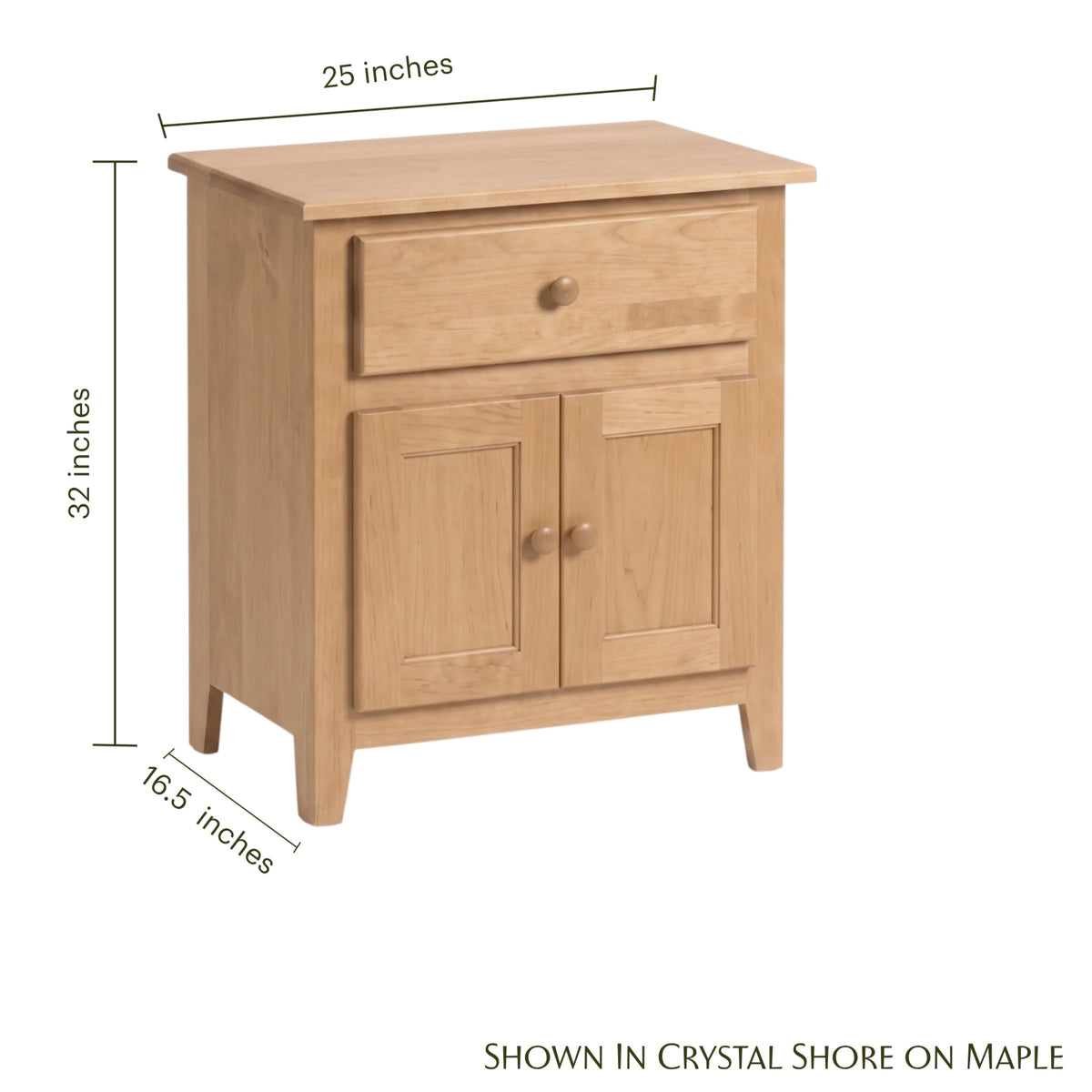 Shaker nightstand in maple wood with dimensions: 25" W x 32" H x 16.5" D, featuring a drawer and two doors.