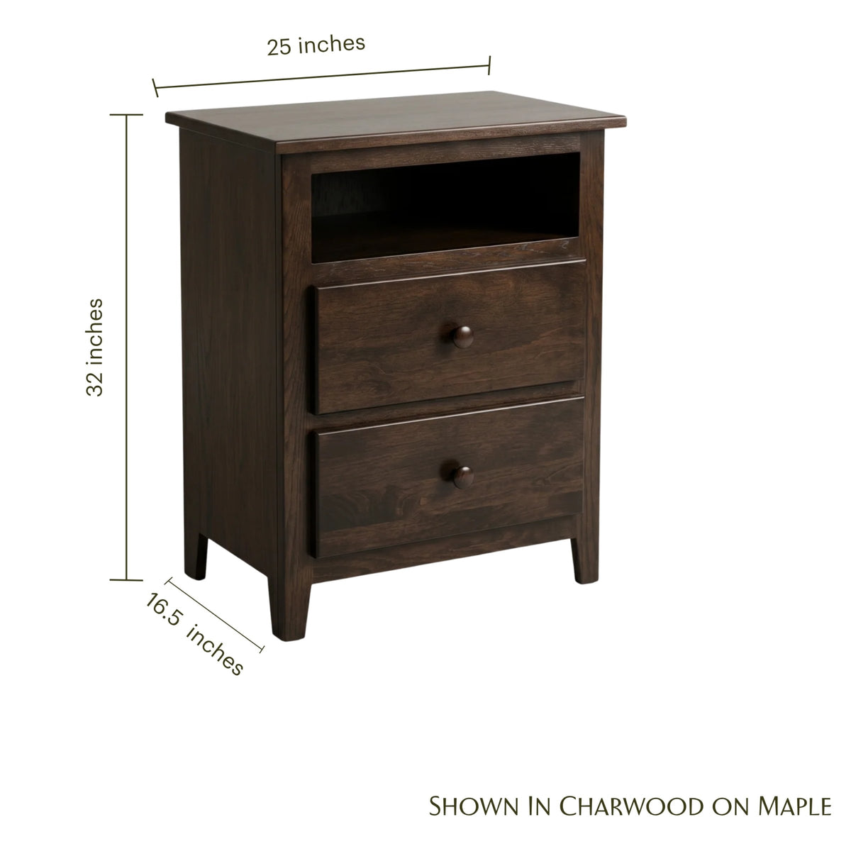 Dark brown Shaker nightstand in charwood on maple with dimensions: 25" W x 32" H x 16.5" D.