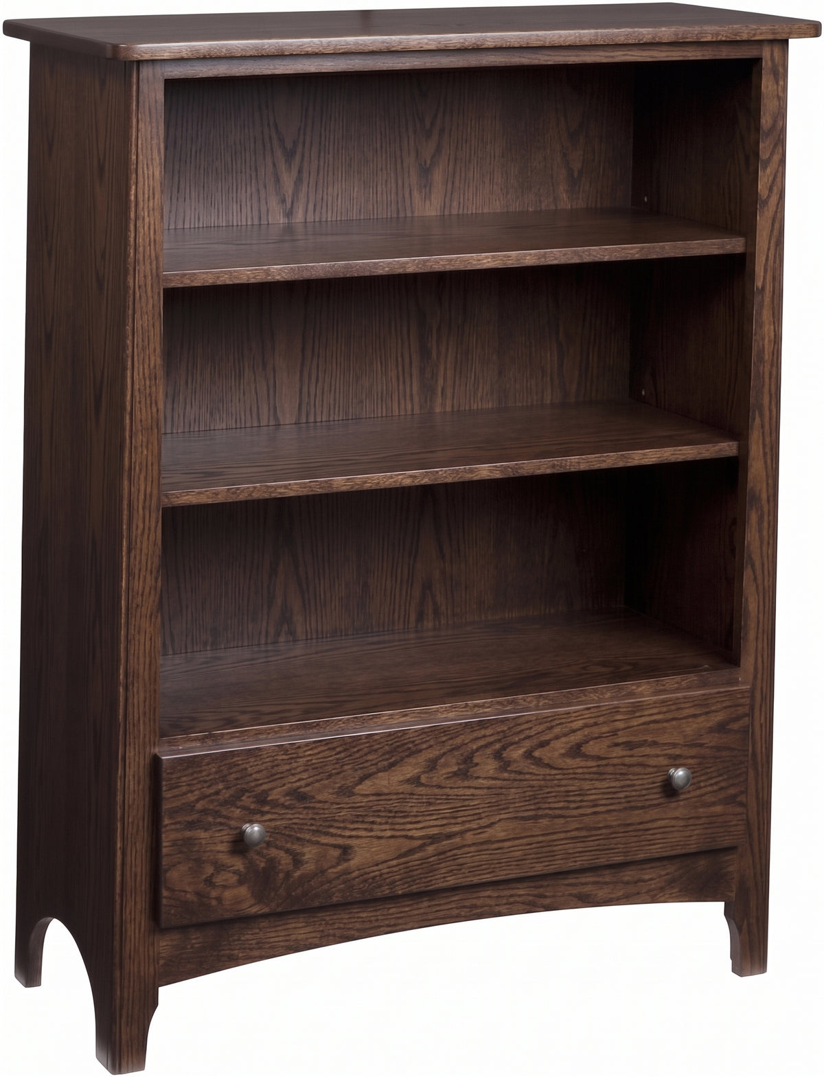 Shaker nursery bookcase in dark brown solid hardwood with three shelves and a bottom drawer.