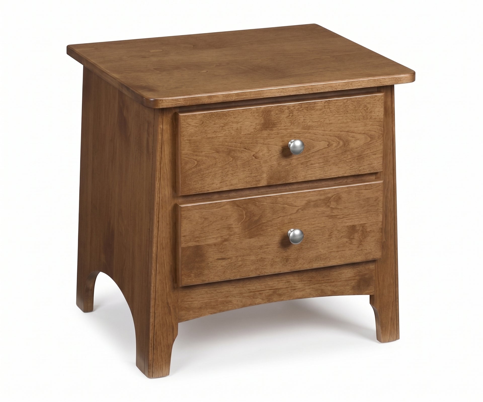 Shaker nursery nightstand in warm brown solid wood with two drawers and silver knobs.