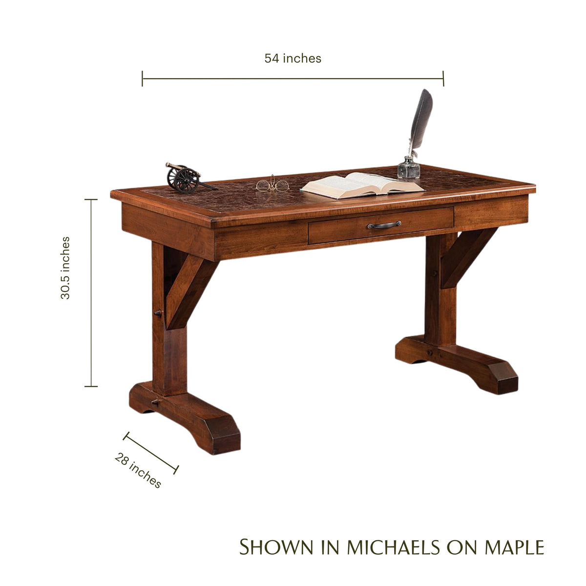 Shakespeare Writing Desk in Michaels on Maple wood with dimensions shown