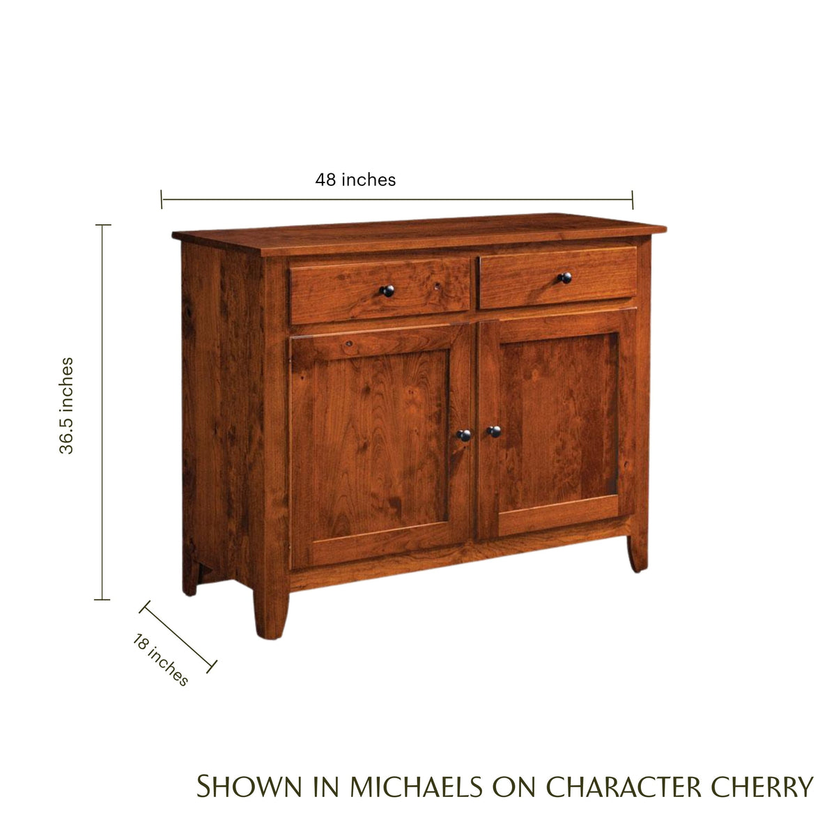 Shenandoah 2-door cherry wood sideboard with dimensions: 48" W x 36.5" H x 18" D