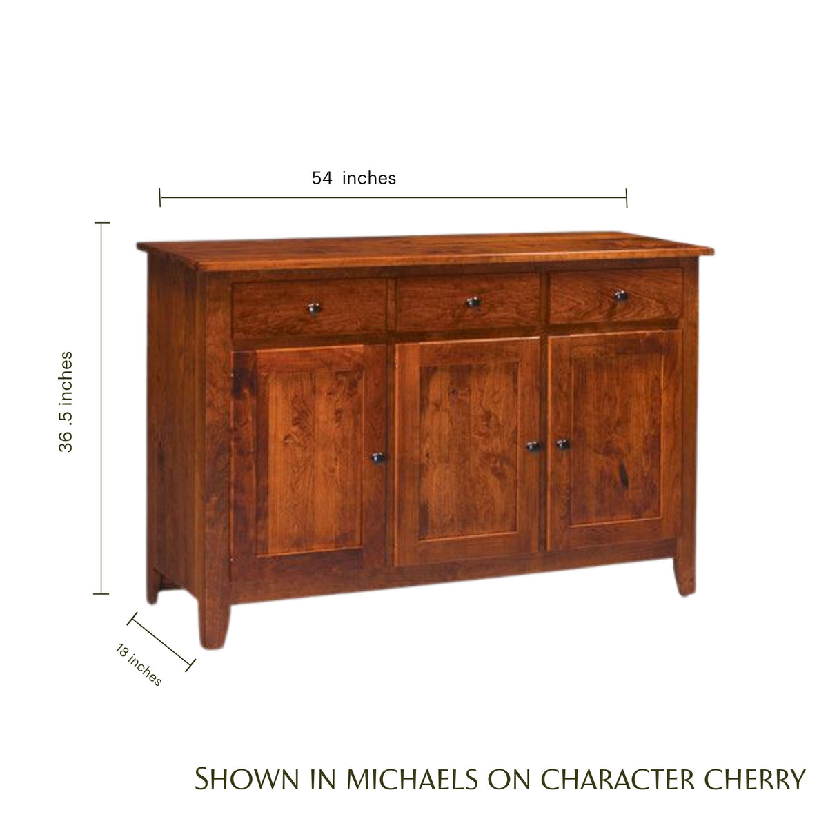 Shenandoah 3-door wooden sideboard in Michaels on Character Cherry with dimensions.