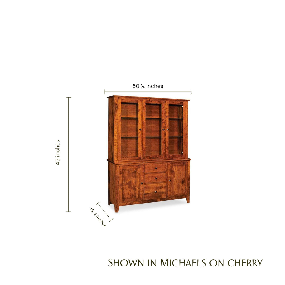 Shenandoah cherry wood closed hutch top with glass doors and dimensions shown