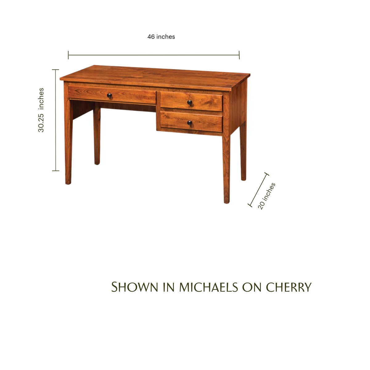 Shenandoah solid cherry wood writing desk with three drawers and dimensions.