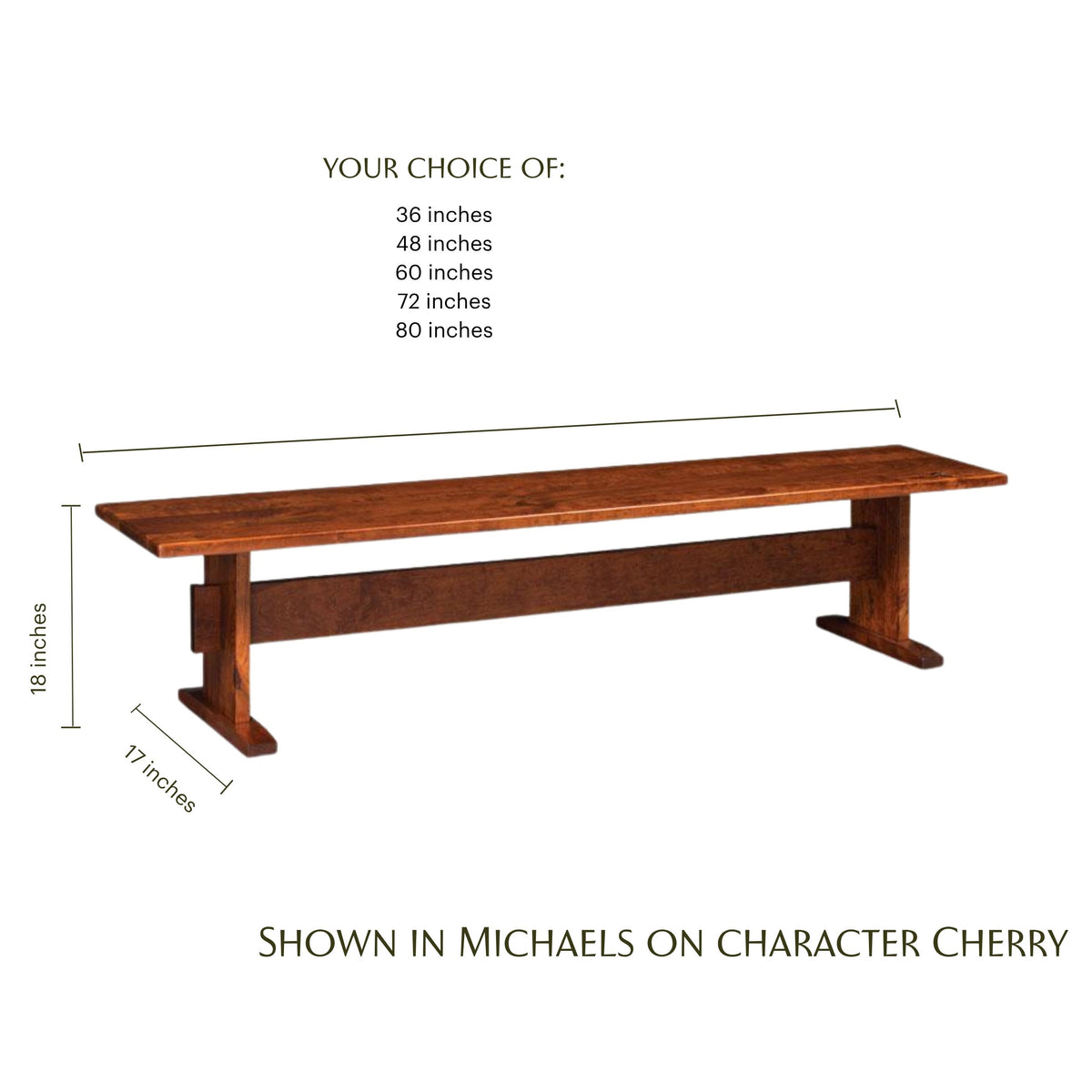 Shenandoah dining trestle bench in Michaels on character cherry wood with dimensions