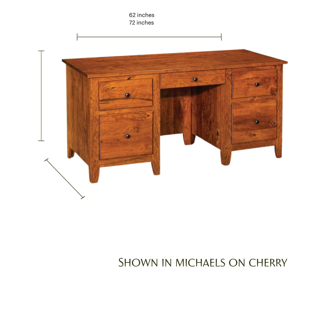 Shenandoah solid cherry wood executive desk with drawers and dimension lines.