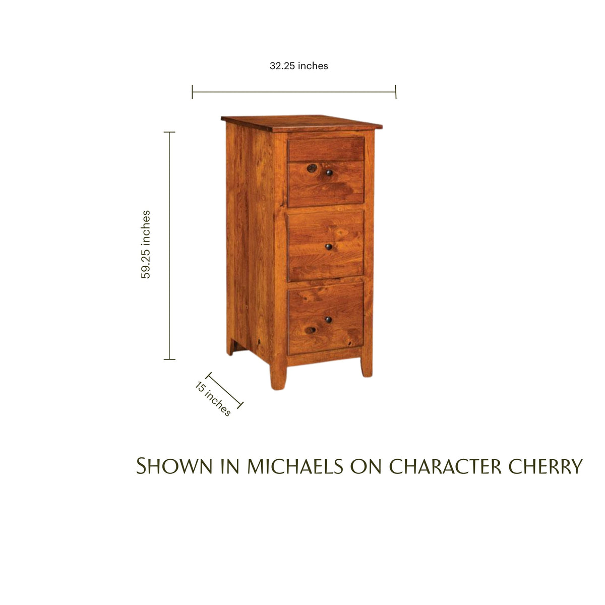 Shenandoah 3-drawer solid cherry wood file cabinet with dimensions shown