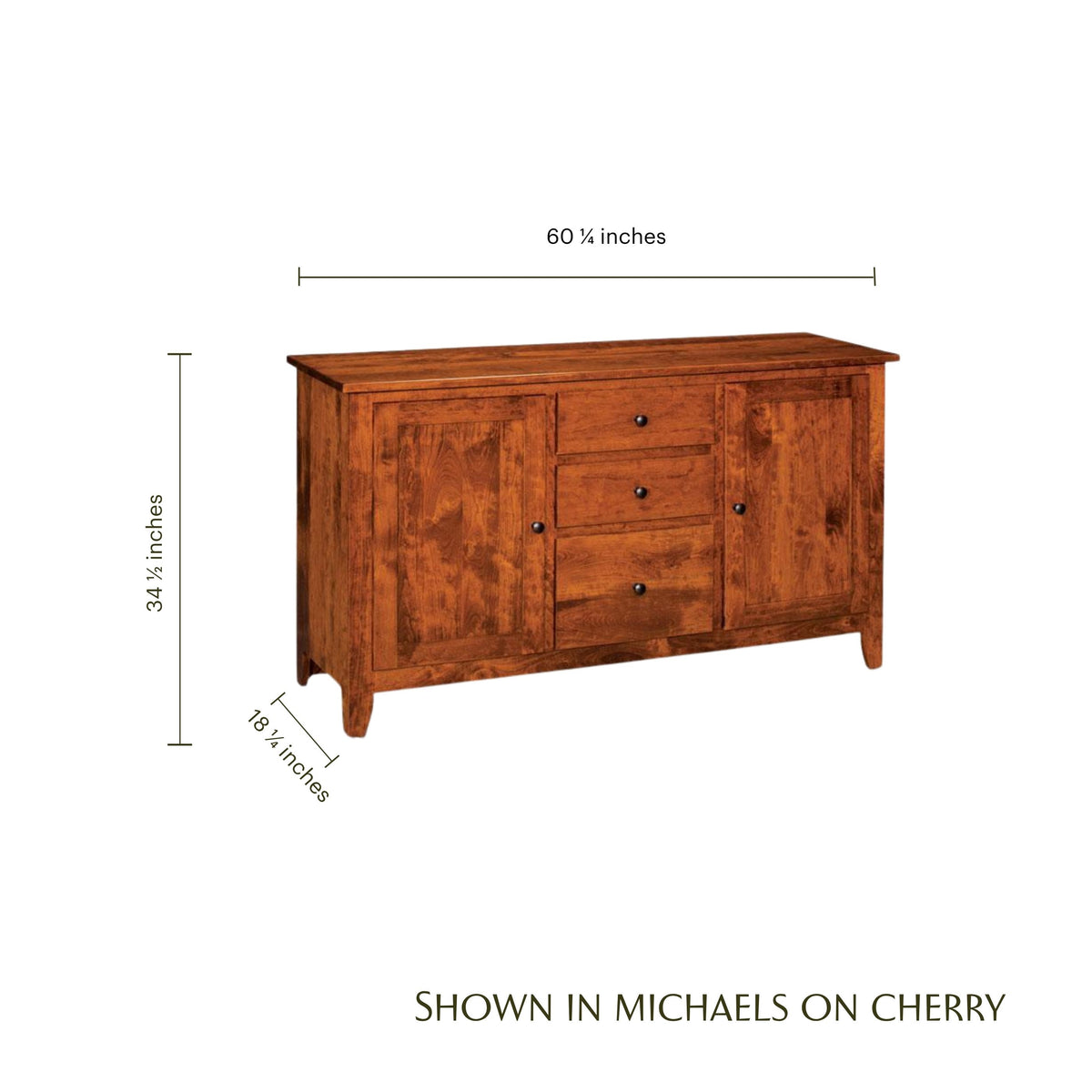 Shenandoah cherry wood hutch base with dimensions, featuring three drawers and two doors.
