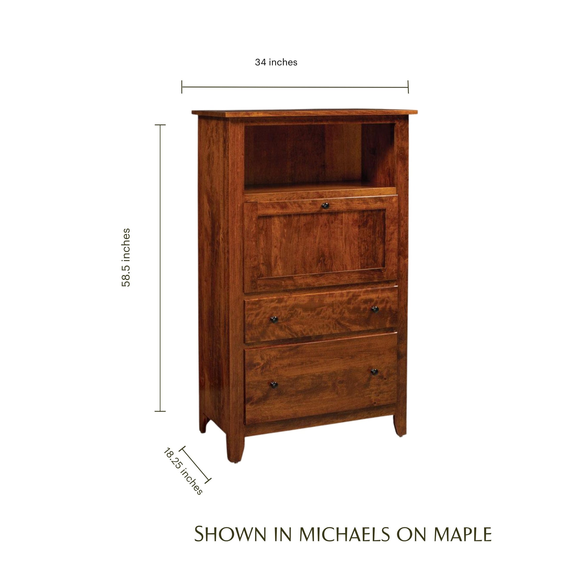 Shenandoah wooden laptop cabinet in Michaels on Maple finish with dimensions shown.