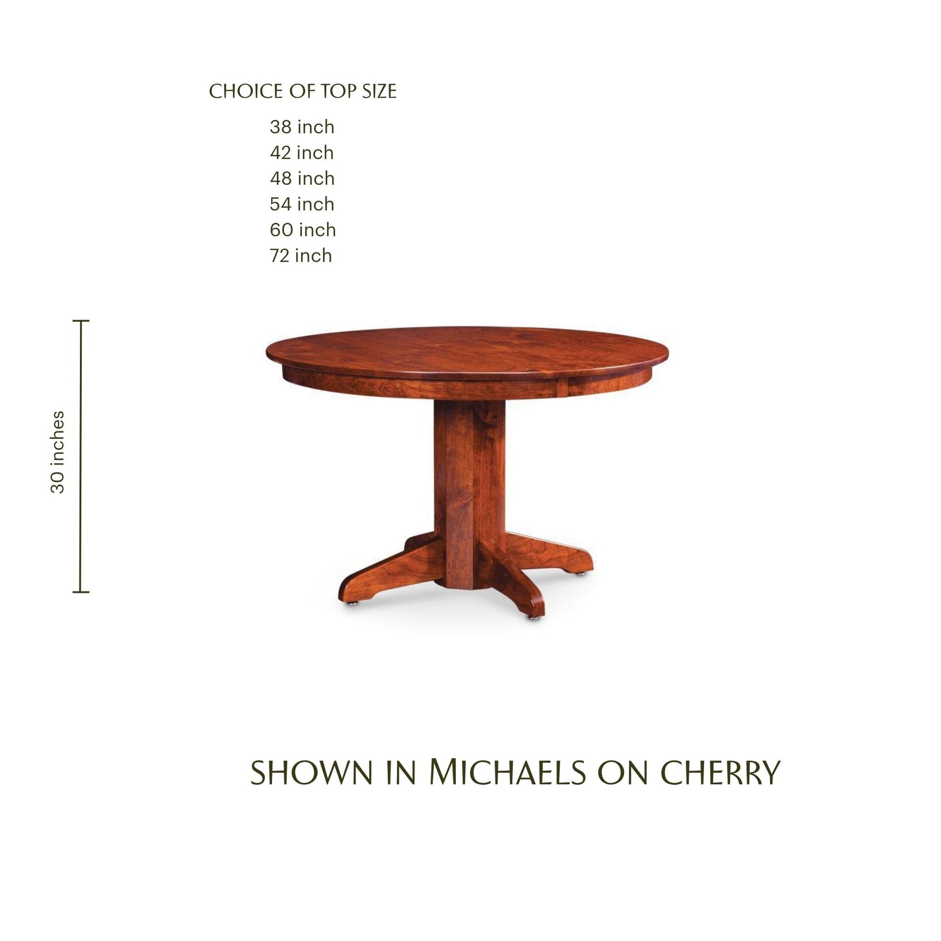 Round cherry wood pedestal dining table with sizing options.