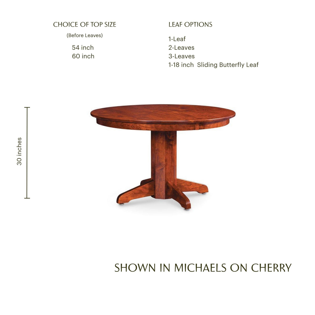 Shenandoah round cherry wood single pedestal dining table with dimensions and leaf options