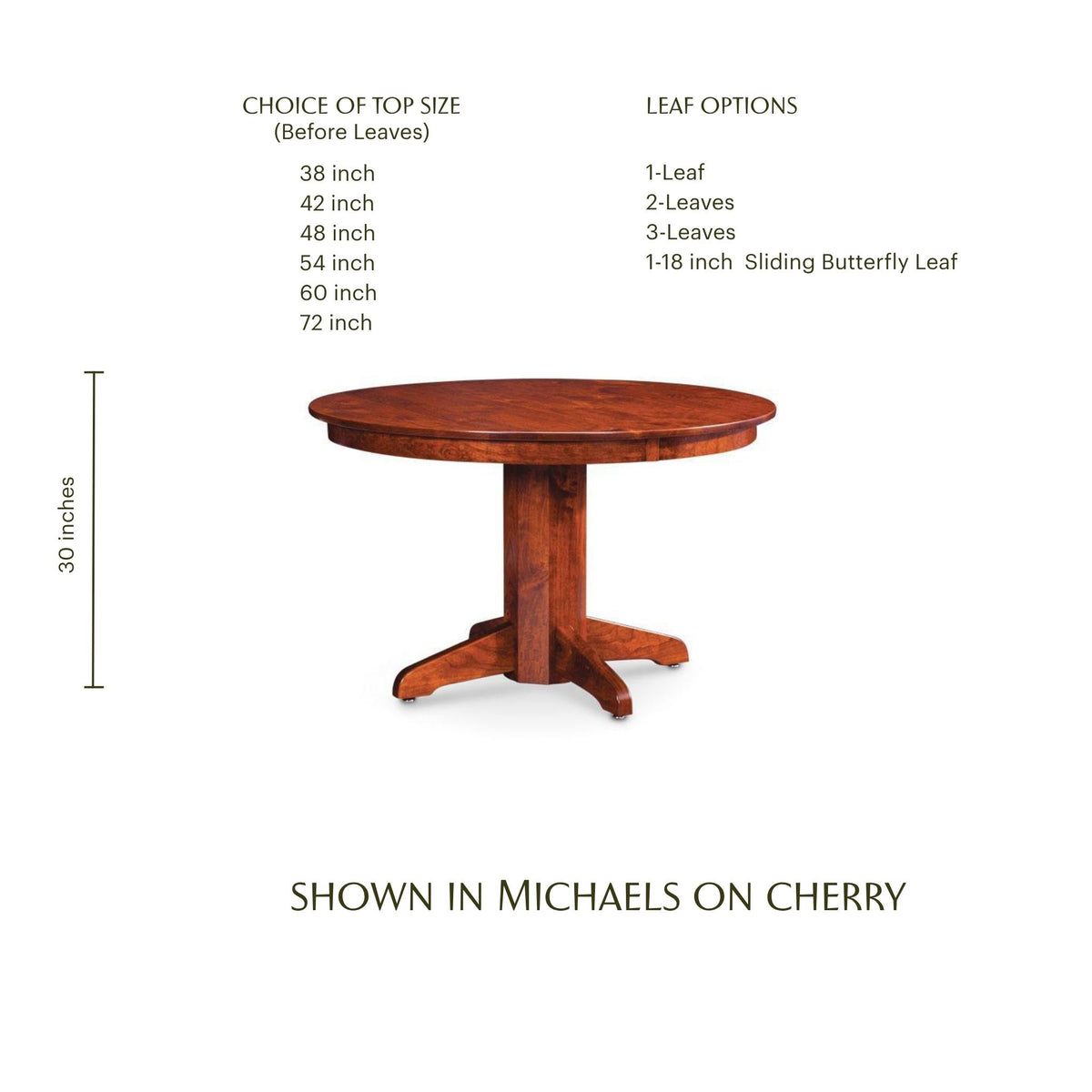 Shenandoah round single pedestal dining table in cherry wood with size options.