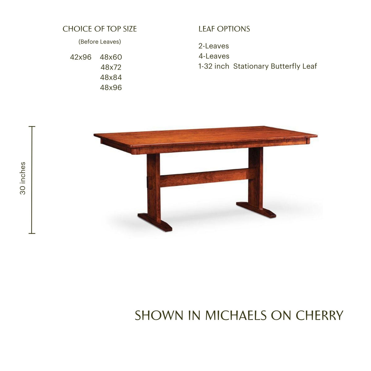 Shenandoah solid cherry wood trestle dining table with size and leaf options.