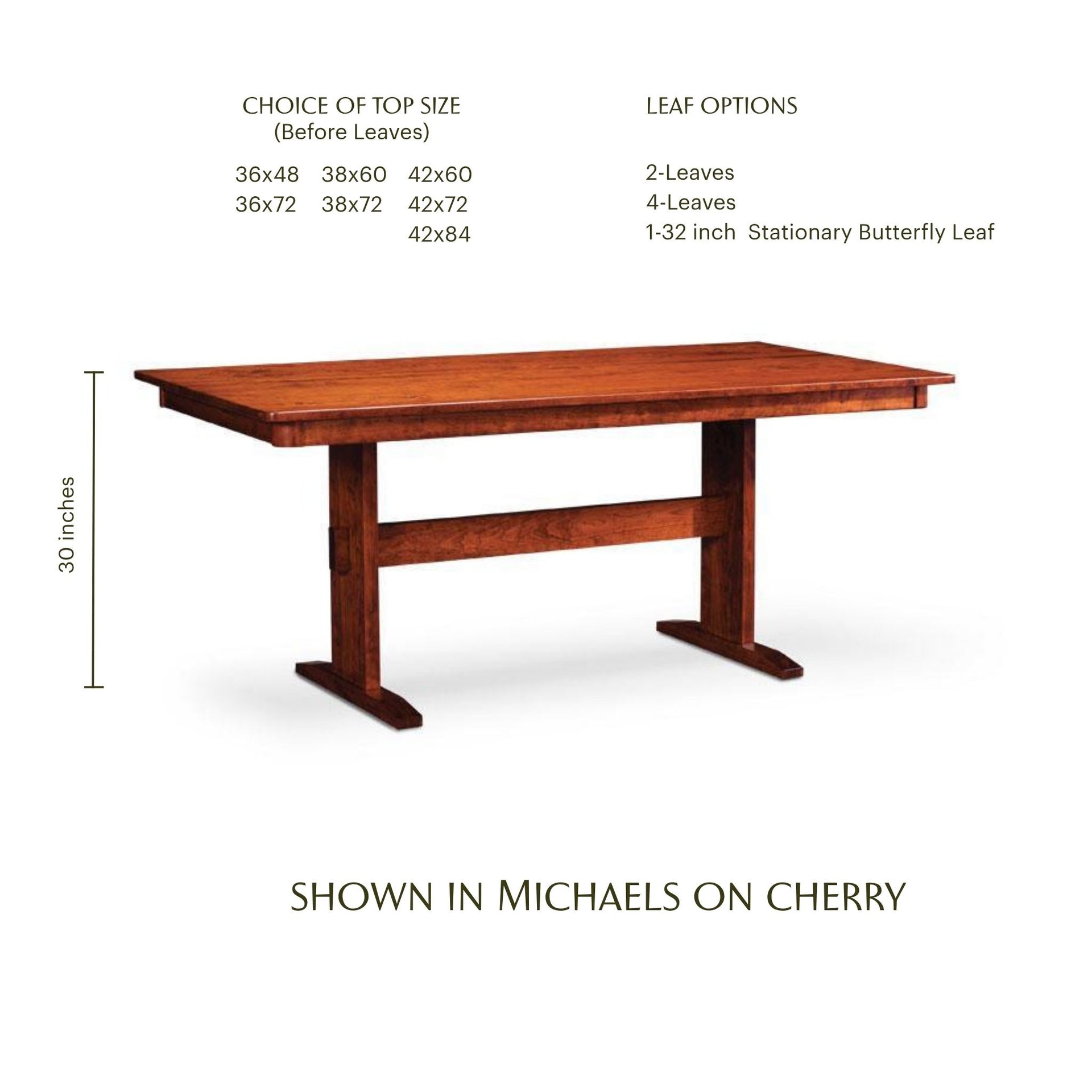 Shenandoah solid cherry wood trestle dining table with dimensions and leaf options.
