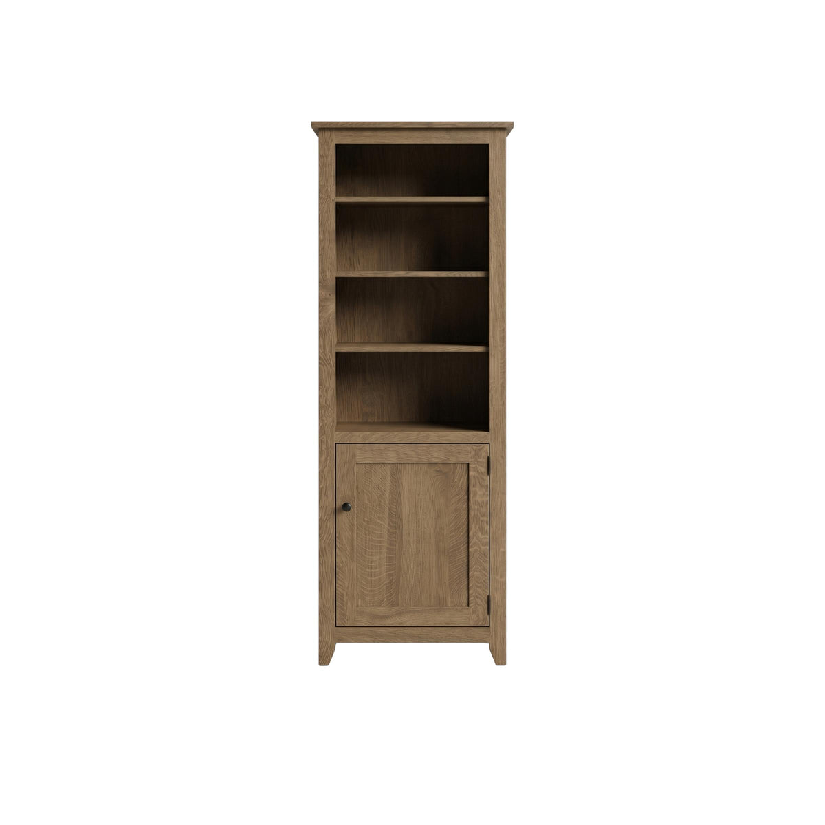 Simple Shaker bookcase in a medium brown wood finish with open shelves and a bottom cabinet.