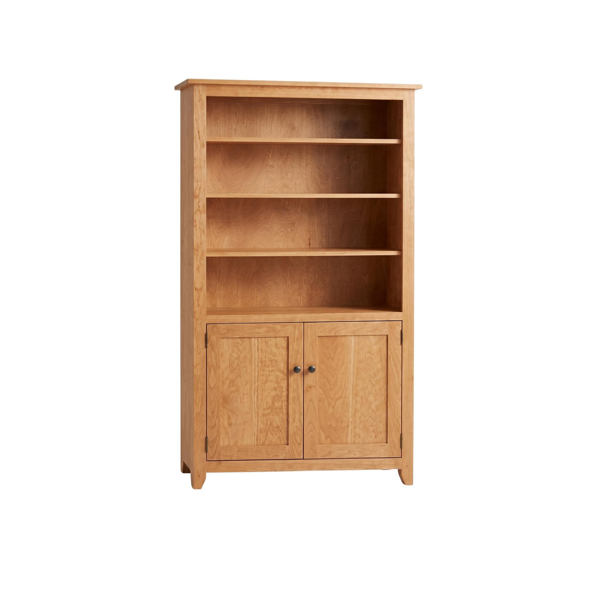 Simple Shaker cherry wood bookcase with three open shelves and a double-door bottom cabinet.