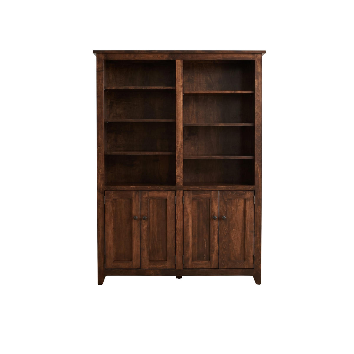 Dark brown wood Shaker bookcase with open shelves and four lower cabinet doors.